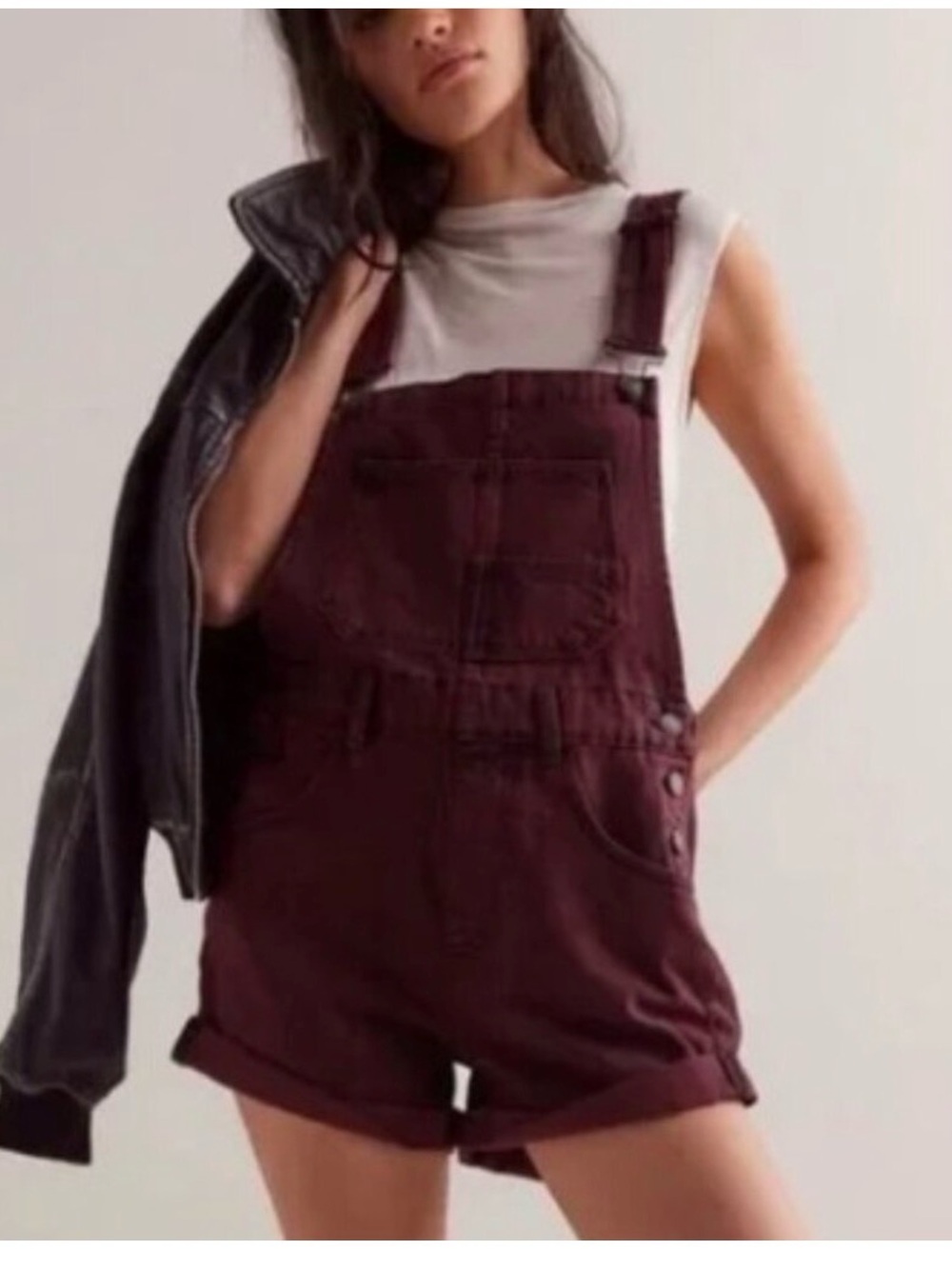 We The Free Maroon Short Denim Overalls - Picture 2 of 9